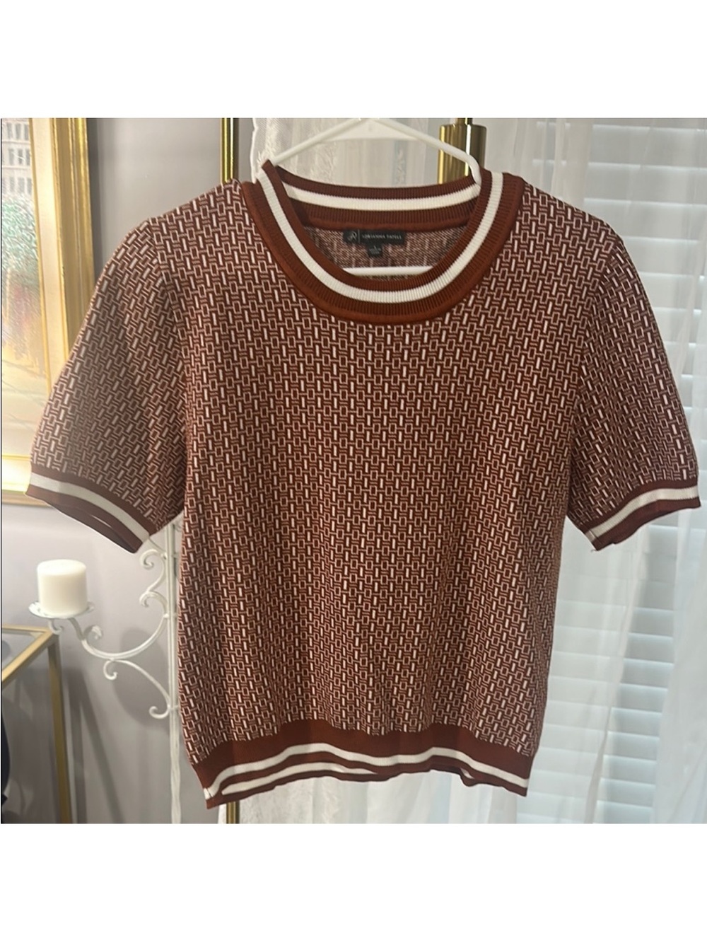 Adrianna Pappel Brown Geometric Knit Short-Sleeve sweater